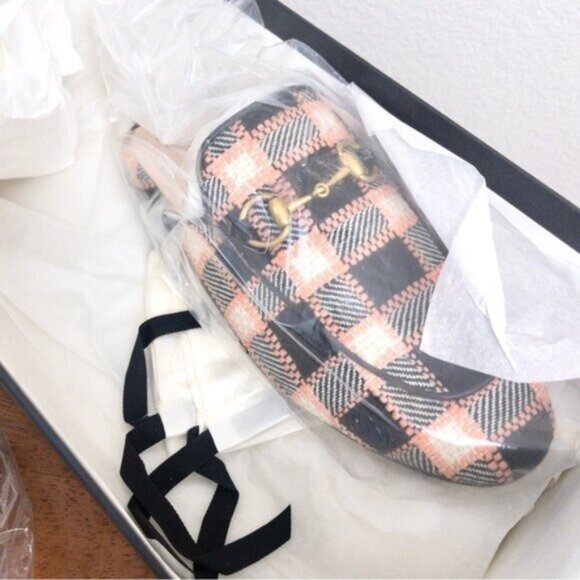 NIB Gucci Princetown Bit Logo Loafer 36 Fancy Tweed Damier Black Pink Mule Slide - Picture 13 of 14